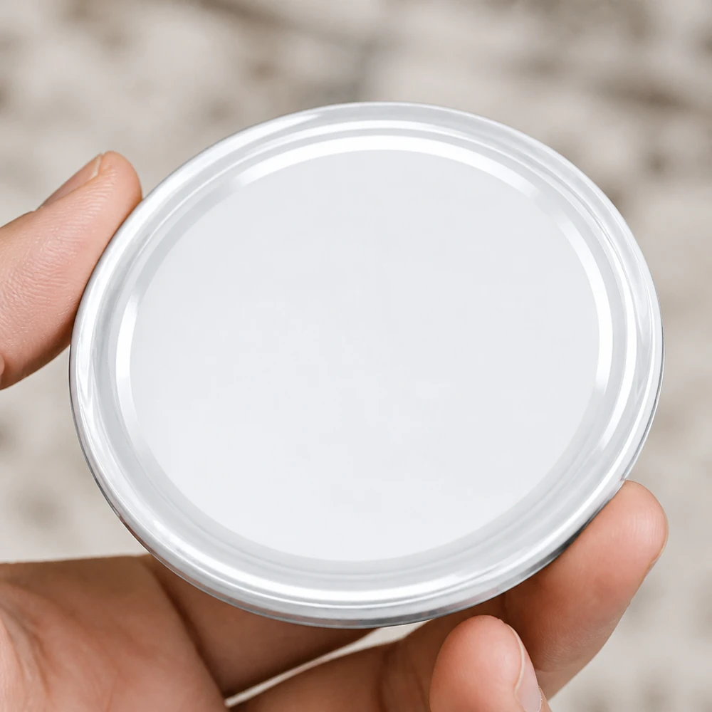 66mm BasicSeal bouchon blanc (TO66) UNiTWIST Couvercle à vis blanc plat de 66 mm TO66 BasicSeal UNiTWIST posé à plat dans la paume de la main