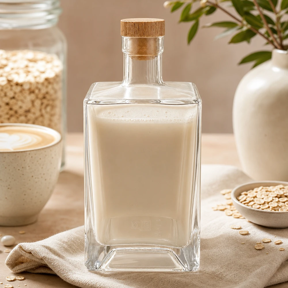 Bouteille en verre Ben de 700 ml remplie de lait d'avoine à côté de flocons d'avoine et d'une tasse de café Scène de cuisine naturelle UNiTWIST