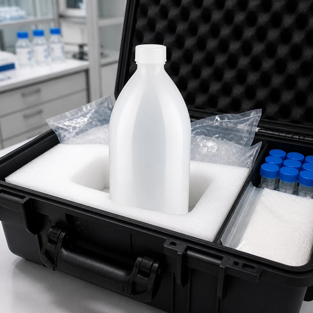 Flacon 1000 ml à col étroit, avec bouchon Probenahmekoffer mit 1000ml Enghals Schraubflasche und Probengefäßen für Außeneinsatz