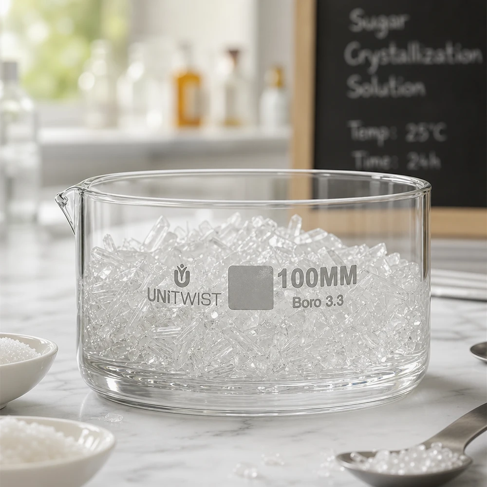 UNiTWIST – Cuve de cristallisation en verre de laboratoire, 100 mm, Boro 3.3, cristallisation du sucre, 25 degrés Celsius, 24 h