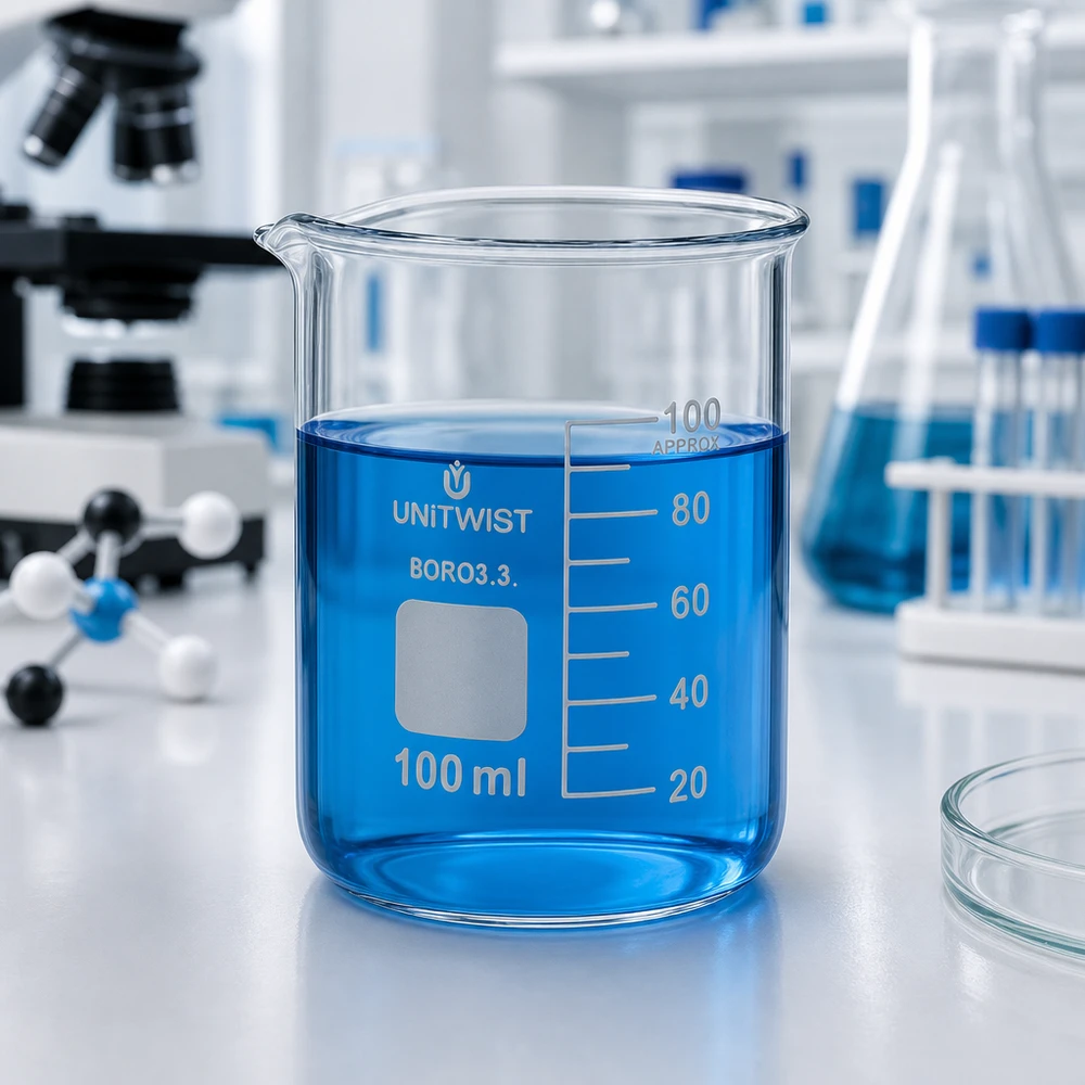 Bécher 100ml borosilicate, forme basse UNiTWIST Verre à bec UNiTWIST de 100 ml en borosilicate, adapté aux applications de laboratoire chimique
