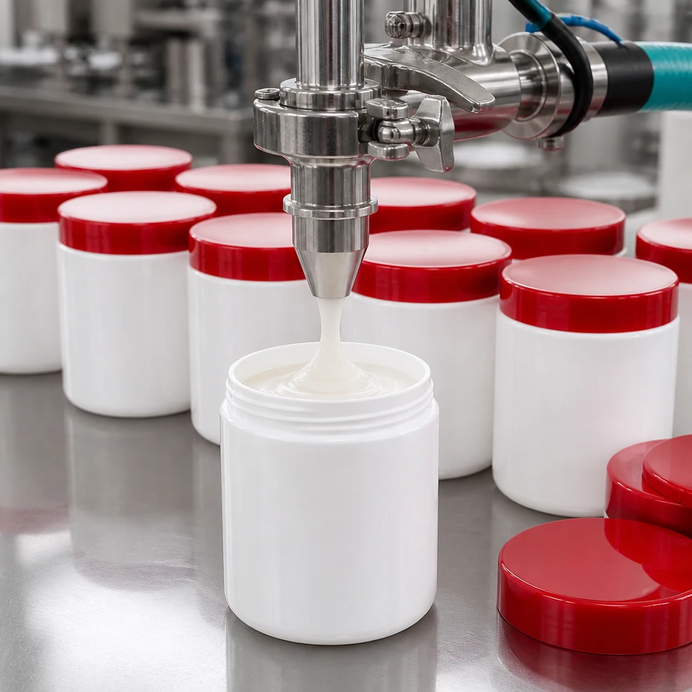 Pots à pommade blancs en PP de 20 g avec couvercles rouges, sur un convoyeur en acier inoxydable, pour le remplissage automatique de crèmes