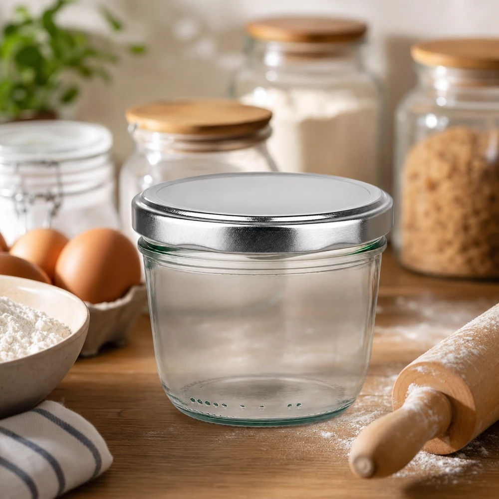 230ml verre renversé argent BasicSeal couvercle dans environnement de boulangerie avec farine oeufs rouleau à pâtisserie ingrédients de cuisson atmosphère de cuisine