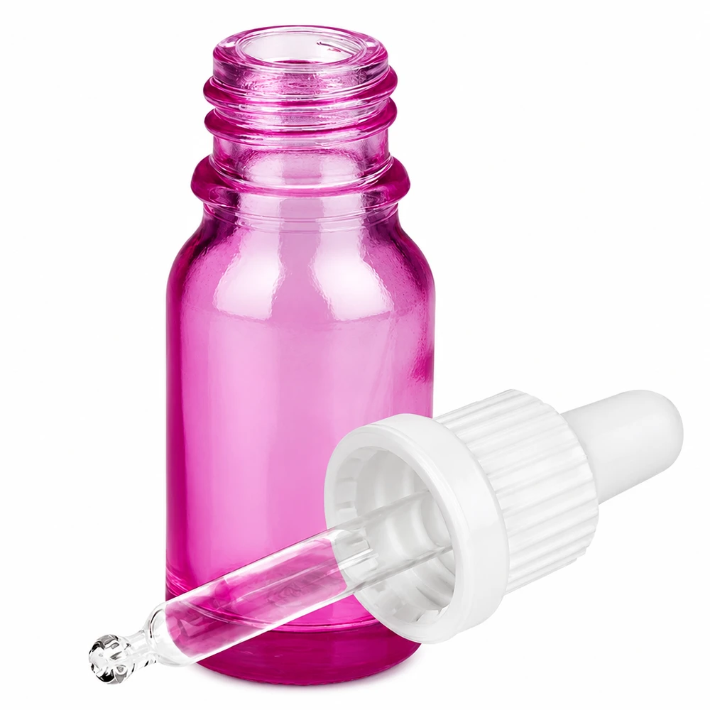 Flacon pipette 10ml blanc originalité bouchon à vis PurpleLine UT18/10 Flacon compact en verre rose de 10ml avec bouchon pipette hygiénique OV PurpleLine UT18/10