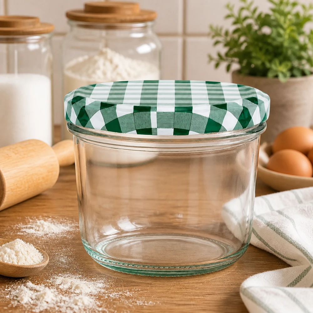 Pot vide 230ml BasicSeal couvercle vert et blanc à carreaux Scène de cuisine Farine Oeufs Planche en bois Pot de conservation