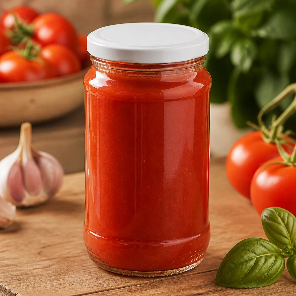 Bocal rond en verre de 370 ml + couvercle BasicSeal blanc UNiTWIST Purée de tomates maison dans un bocal rond en verre UNiTWIST de 370 ml avec couvercle BasicSeal blanc étanche
