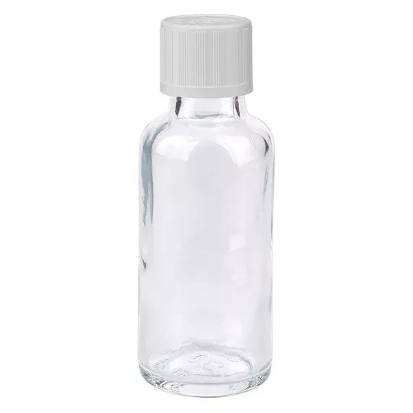 Flacon à pharmacie transparent 30ml bouchon vissable blanc sécurité enfant std Flacon à pharmacie transparent 30ml bouchon vissable blanc sécurité enfant std