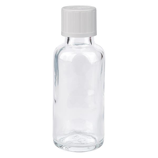 Flacon à pharmacie transparent 30ml bouchon vissable blanc sécurité enfant std