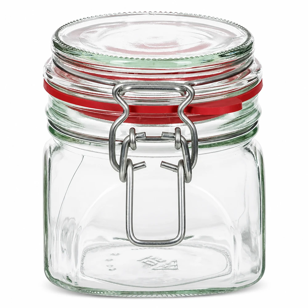 Bocal de conservation de 370 ml, type G, avec bouchon à clip UN.. Pot de conservation de 370 ml avec fermeture à étrier et anneau en caoutchouc rouge pour un stockage hermétique