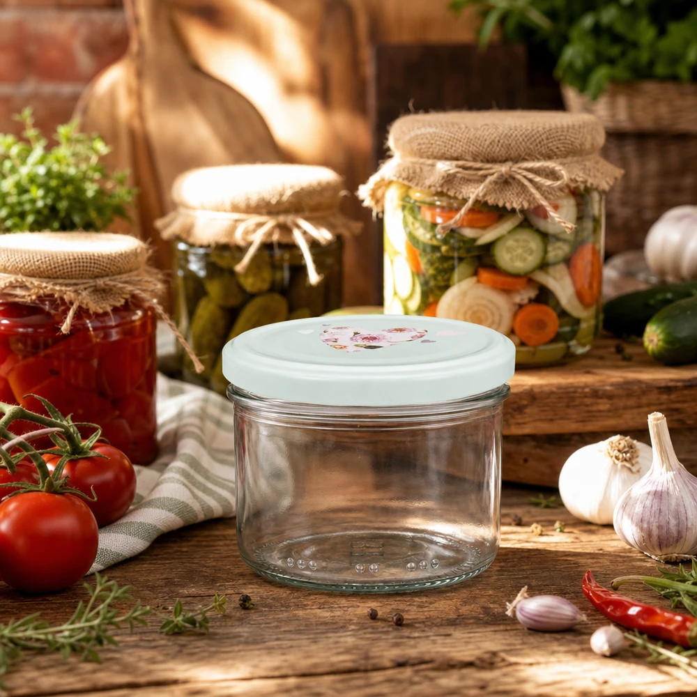 Pot cylindrique de 230 ml + couvercle BasicSeal cur menthe Pot cylindrique 230ml avec couvercle à cœur menthe dans cuisine rustique entre bocaux tomates et herbes