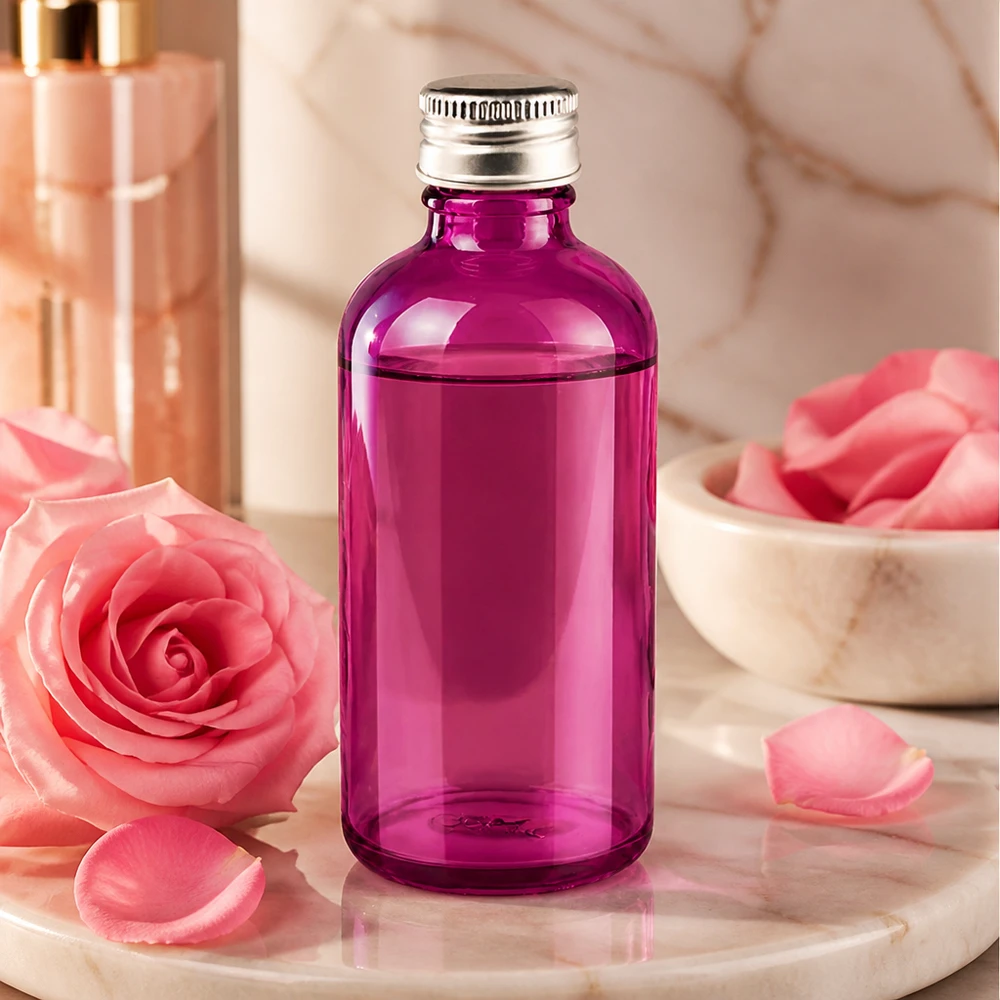 Flacon de 100ml. Bouchon à vis 11mm alu-argent standard PurpleLine. UT18/100 Bouteille cosmétique premium 100ml en verre teinté pour la protection contre les UV avec couvercle en aluminium