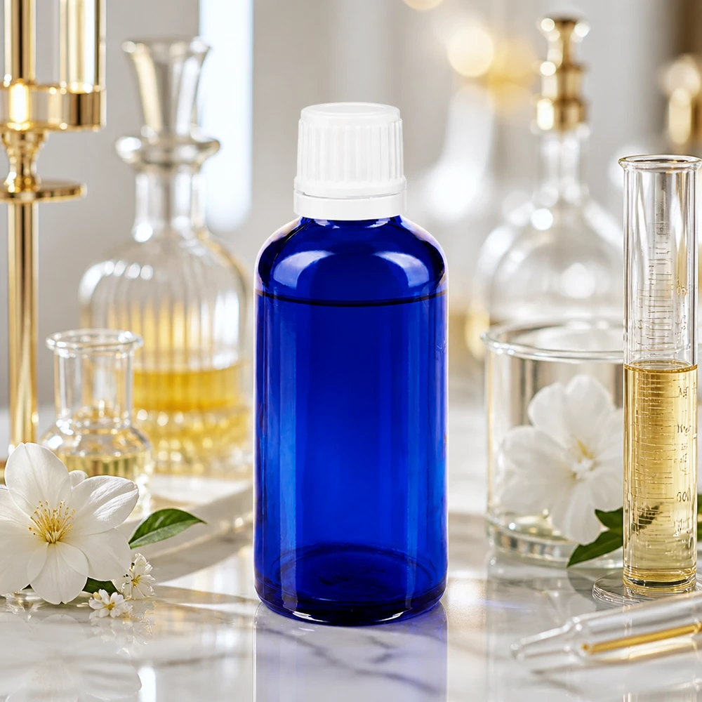 Flacon de pharmacie de 50 ml en verre bleu, muni d'un bouchon OV de 11 mm, parmi des fleurs de jasmin blanches