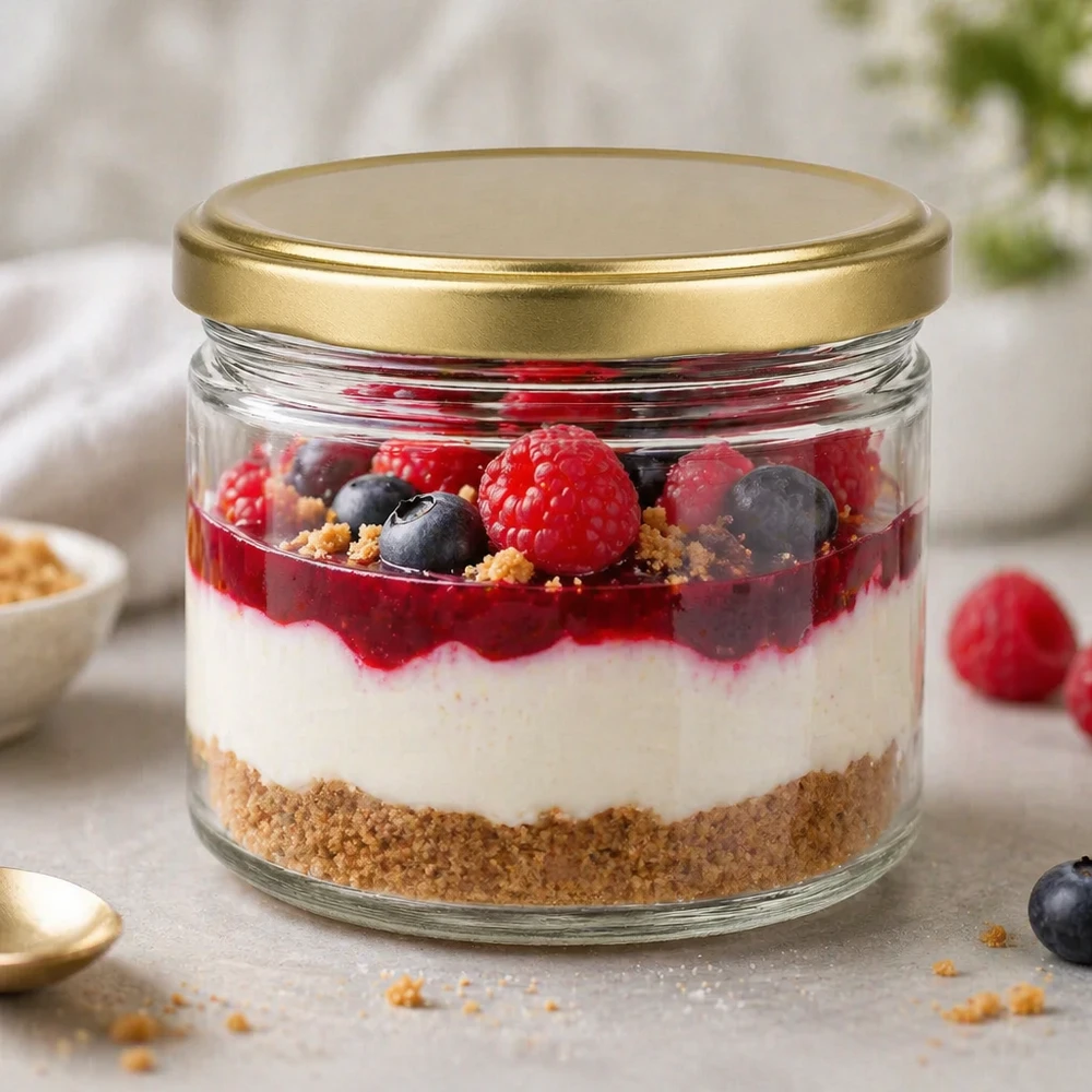 Pot à miel BasicSeal de 700g avec couvercle doré comme pot à dessert pour dessert en couches avec baies et fond de biscuit