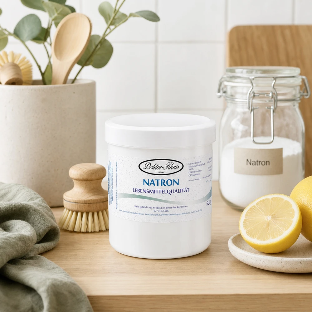Bouteille de bicarbonate de soude blanche Docteur Klaus 500g en plastique avec bouchon à vis pour un stockage facile