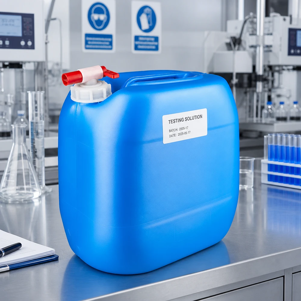 Récipient bleu de 30 litres muni d'un robinet, à côté d'un flacon d'Erlenmeyer et de tubes à essai