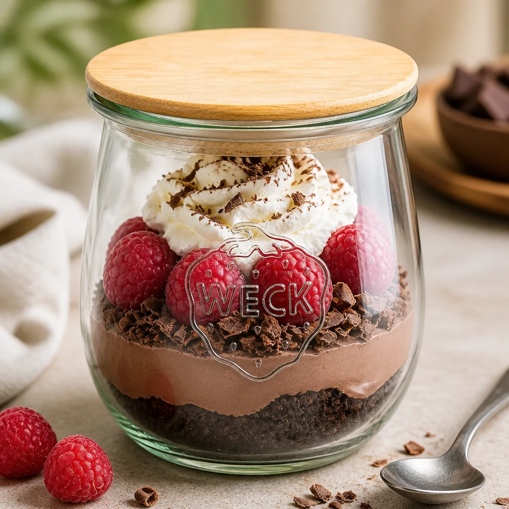 220ml bocal tulipe WECK RR60 avec couvercle en bois WECK Pot tulipe 220ml RR60 avec couvercle en bois comme pot à dessert - Mousse au chocolat avec framboises et crème dans un pot de conserve