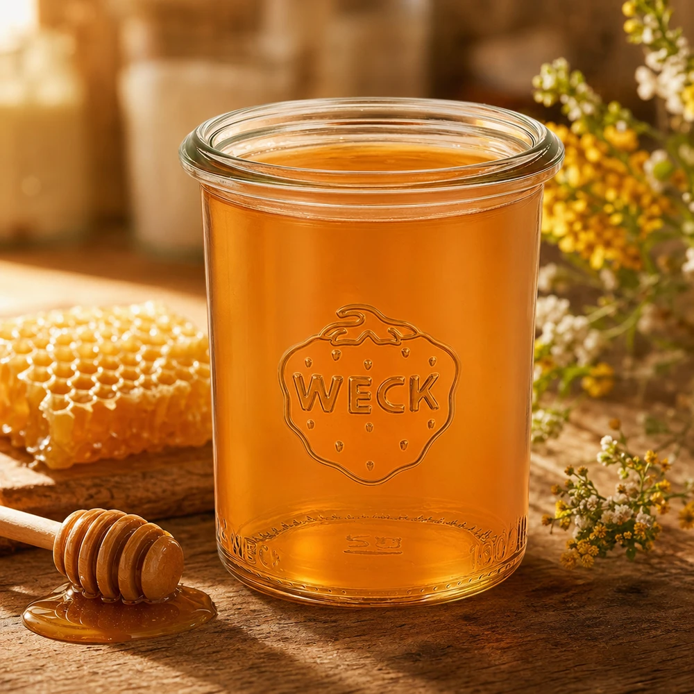 160ml bocal conique WECK RR60 160ml verre renversé WECK RR60 rempli de miel sur table en bois avec nid d'abeille et cuillère à miel décoration naturelle