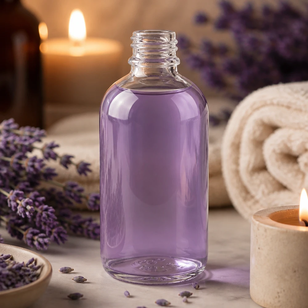 Flacon en verre transparent de 100 ml contenant un liquide violet – Flacon de pharmacie UNiTWIST ClearLine conforme à la norme DIN 18
