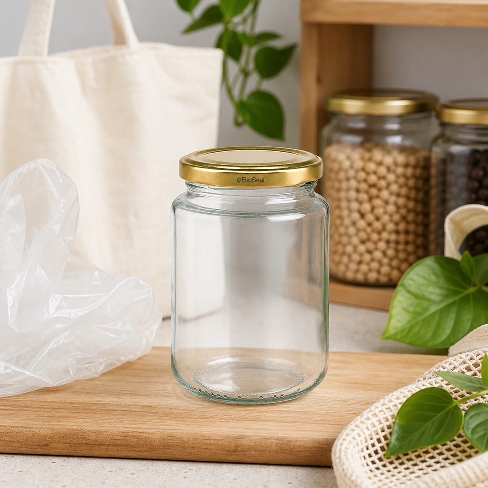 UNiTWIST Runda382 Pot de conservation dans la cuisine Zero Waste, TO66 durable BioSeal couvercle or, planche en bois Ambiente