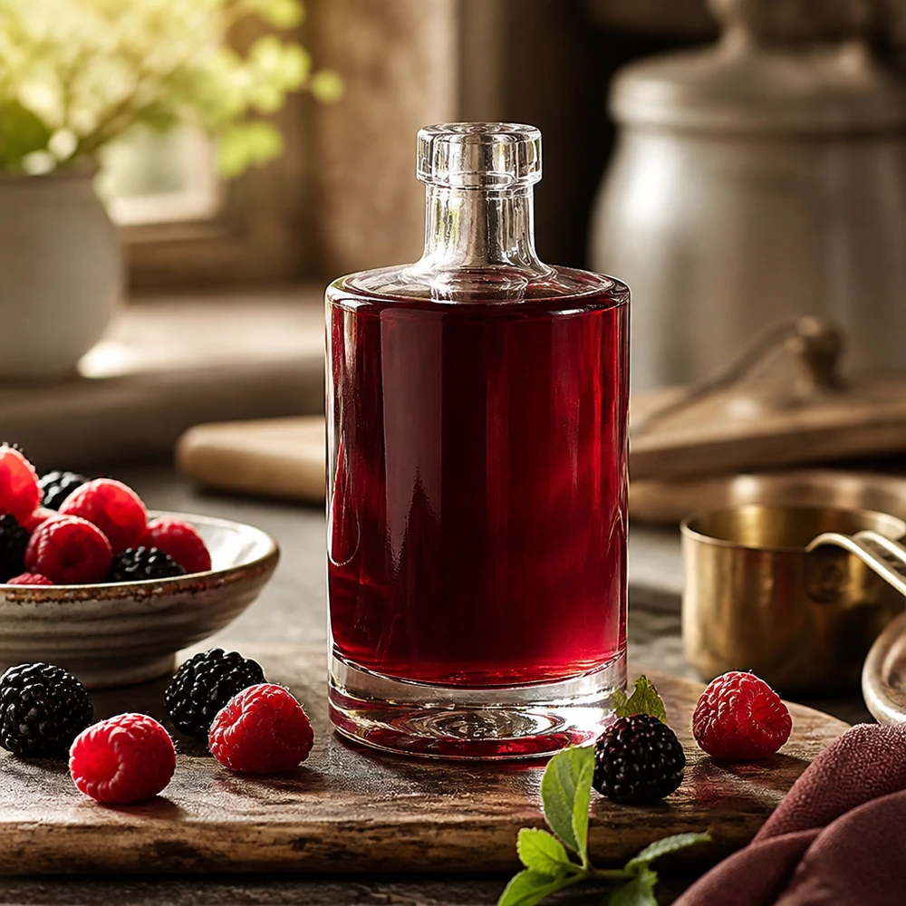 Bouteille en verre 350 ml « Marie » sans bouchon UNiTWIST® 350ml Glasflasche Marie mit rotem Beerensaft befüllt umgeben von frischen Himbeeren und Brombeeren rustikale Küche Bild