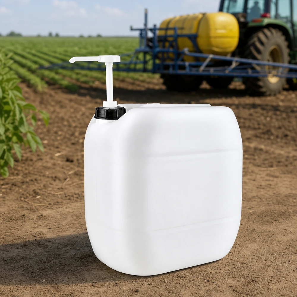 Bidon en plastique blanc de 30 litres muni d'une pompe, destiné aux produits phytosanitaires dans le secteur agricole
