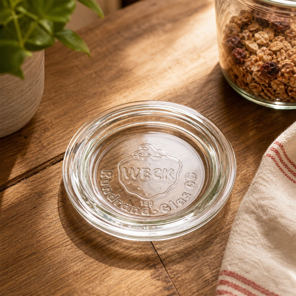 Couvercle de verre RR60 WECK WECK Couvercle en verre RR60 transparent sur table en bois avec pot de conservation des céréales et textile de cuisine scène de cuisine rustique