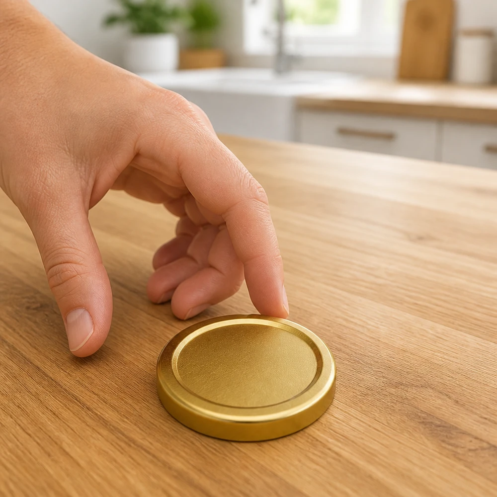 Couvercle BasicSeal 58 mm doré (TO58deep) UNiTWIST Couvercle UNiTWIST TO58deep aspect doré posé sur une table en bois dans une cuisine moderne