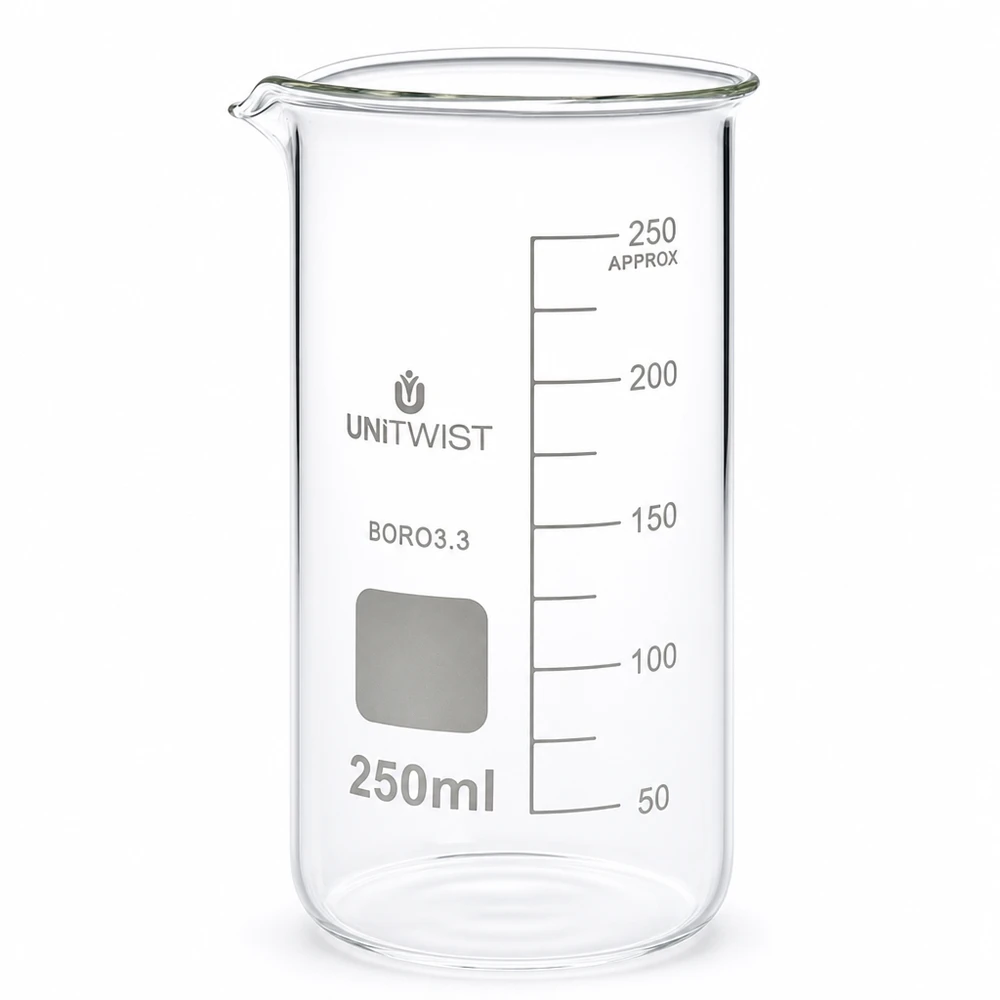 Bécher 250ml borosilicate, forme haute UNITWIST Bécher de laboratoire haut de 250 ml avec bec verseur et graduation jusqu'à 250 ml de la marque UNITWIST