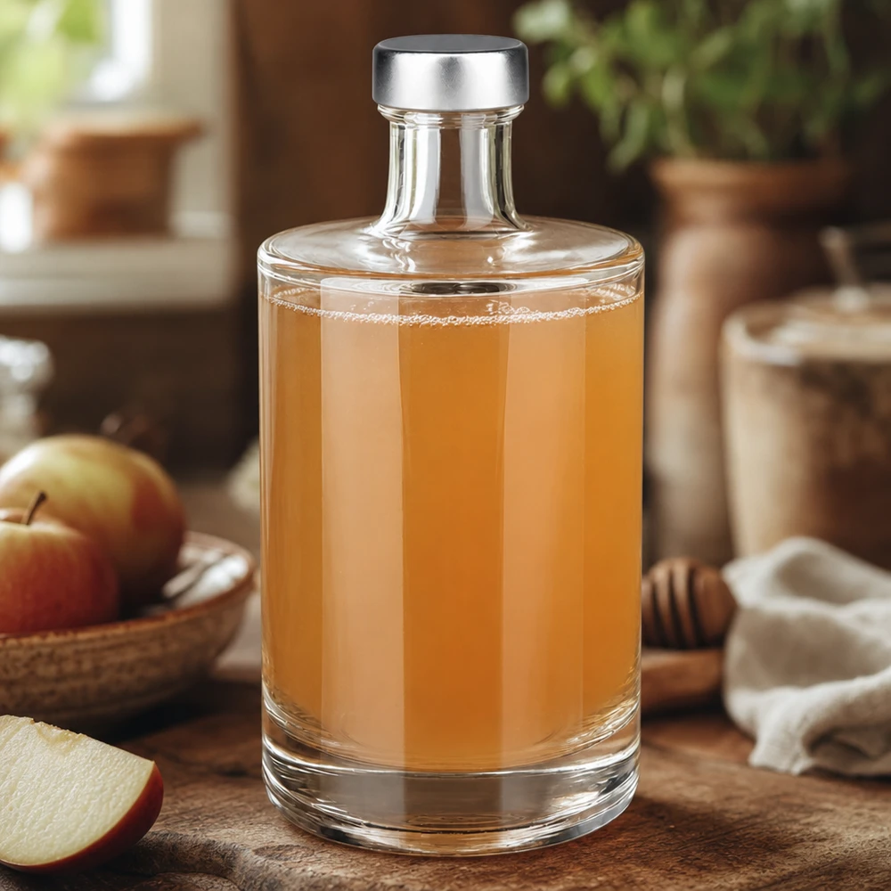 Bouteille en verre 500 ml « Sam » et bouchon à vis argenté UNiTWIST® Bouteille en verre Sam de 500 ml remplie de jus de pomme à côté de pommes et de miel cuisine naturelle aspect bois chaleureux