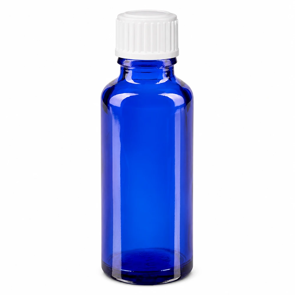 Flacon de pharmacie bleu 30ml bouchon vissable blanc standard Flacon en verre bleu de 30 ml avec bouchon standard blanc pour les pharmacies