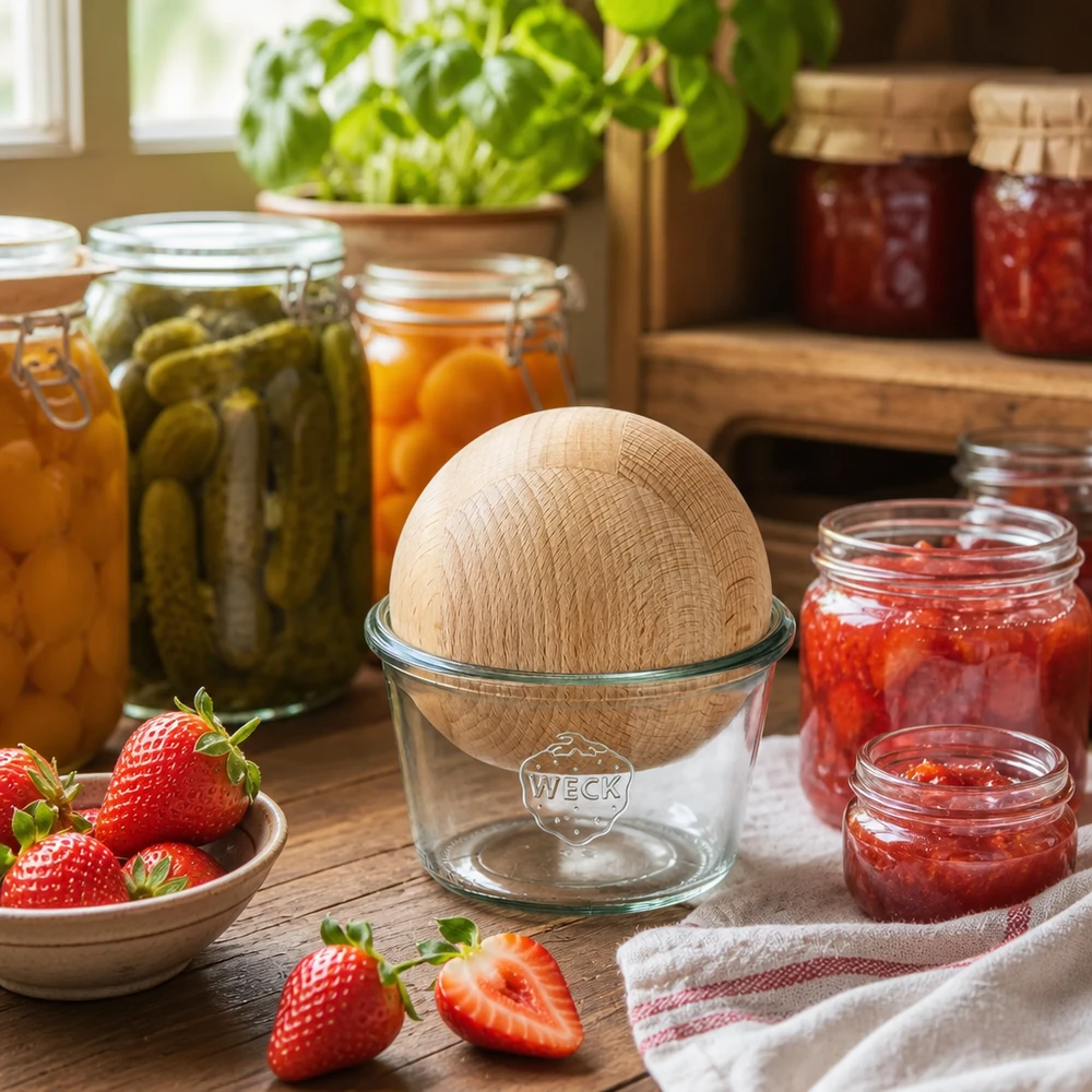 370ml bocal conique WECK RR100 avec boule en bois en hêtre WECK Pot de conservation 370ml RR100 dans une cuisine rustique avec des confitures et des légumes marinés faits maison