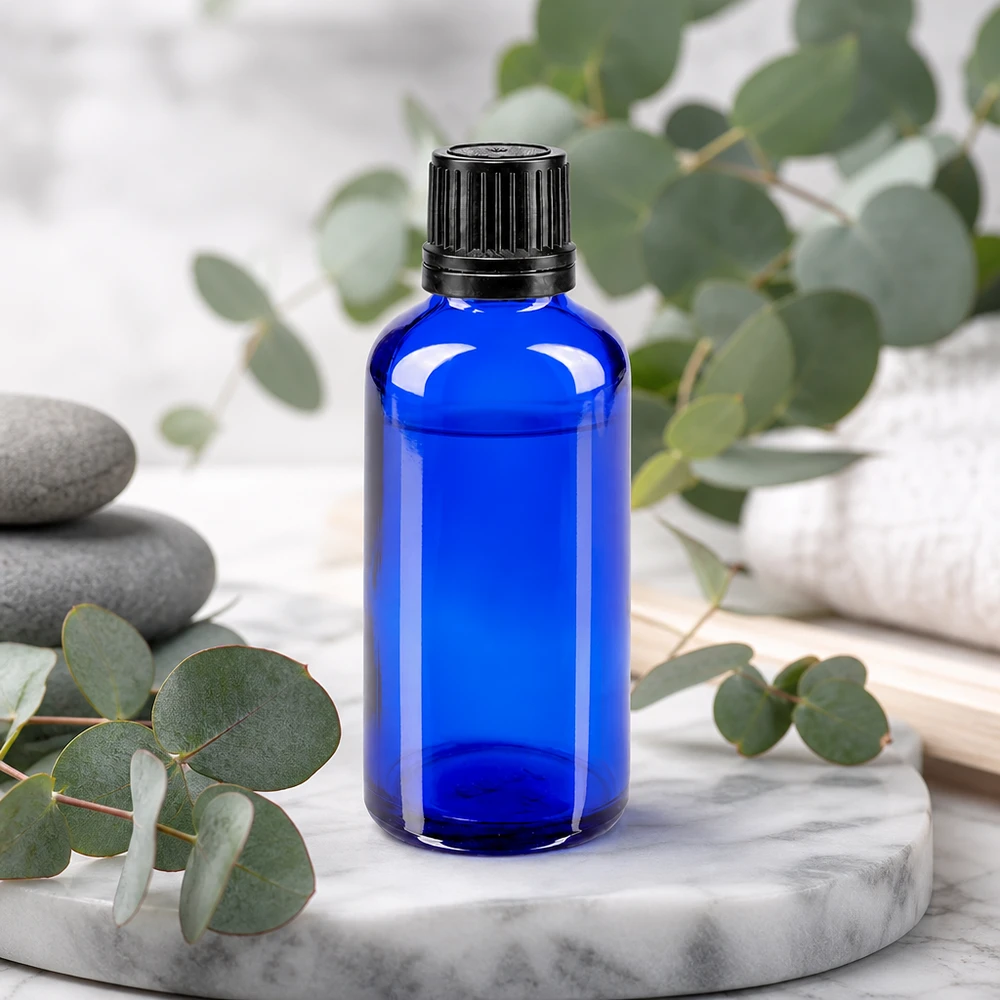 Flacon Glo bleu de 50 ml avec bouchon d'origine noir de 8 mm, pour huiles essentielles et cosmétiques naturels