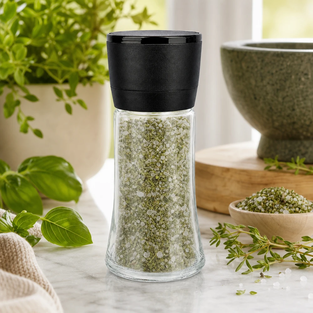 Pot à sel/épices 95 ml avec moulin Vario noir Moulin à sel aux herbes de 95 ml avec mécanisme de broyage noir « Vario » sur un socle en marbre blanc, orné d'herbes fraîches