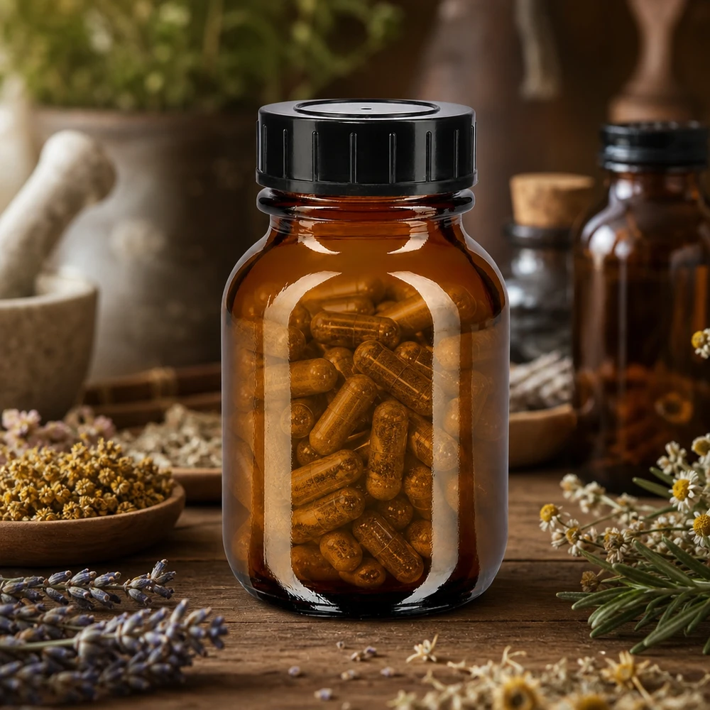 Bouteille brune à col large de 50ml avec bouchon à vis, idéale pour les gélules et les compléments alimentaires