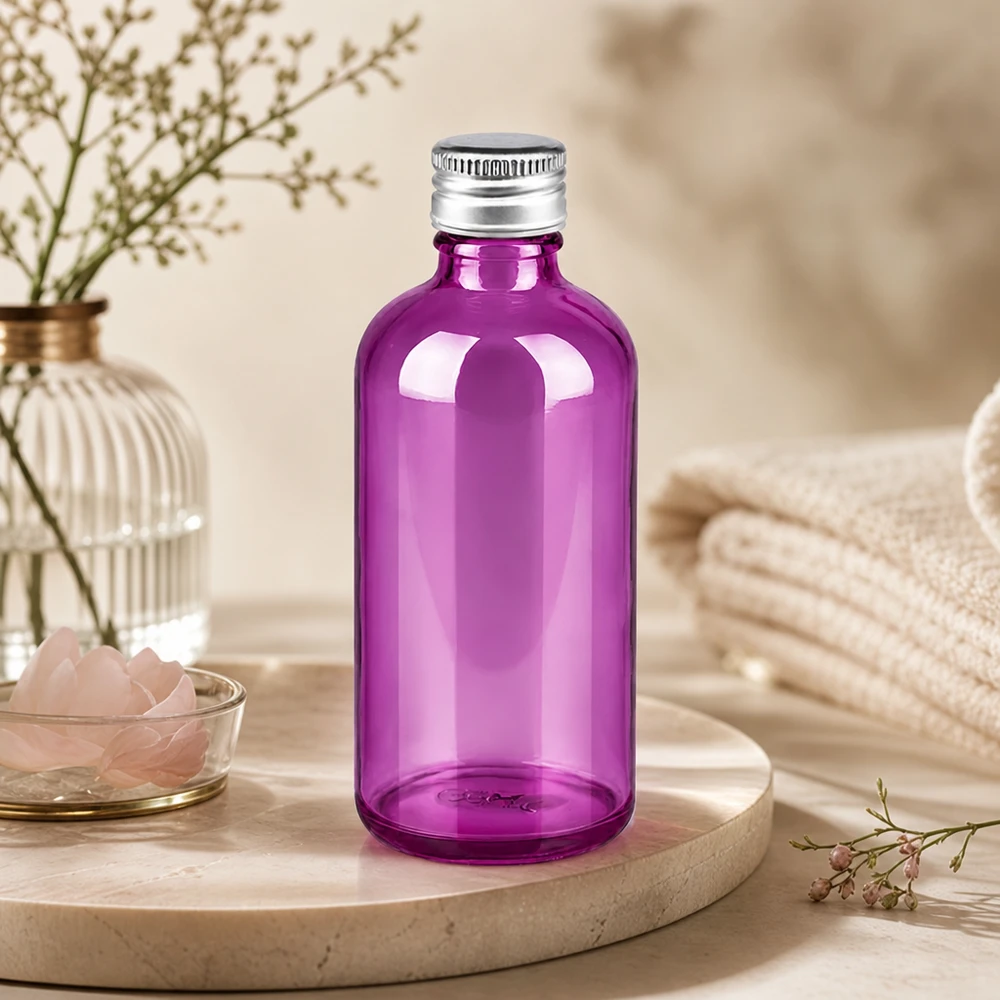 Bouteille en verre soufflé de 100 ml d'un violet éclatant avec bouchon en aluminium de haute qualité