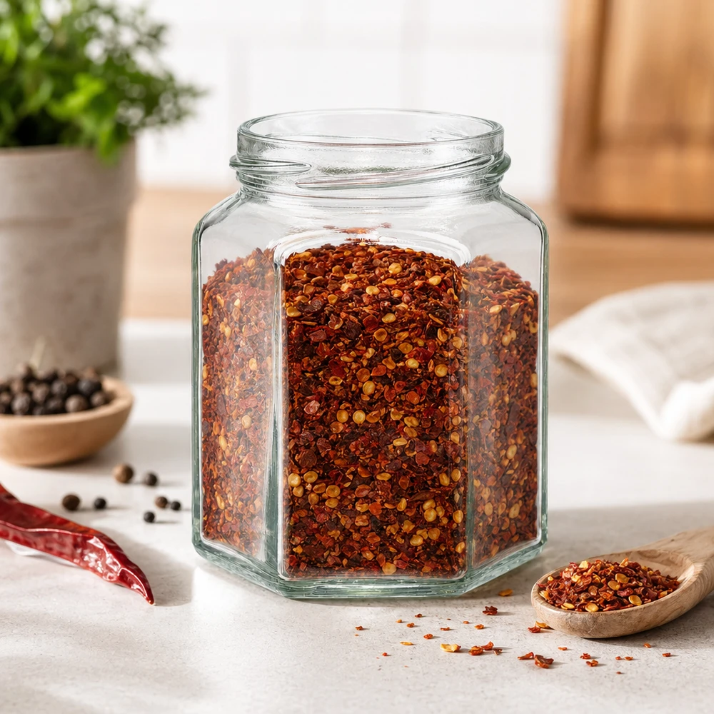 UNiTWIST Hexa288 Récipient en verre hexagonal 288ml rempli de flocons de piment dans une cuisine moderne