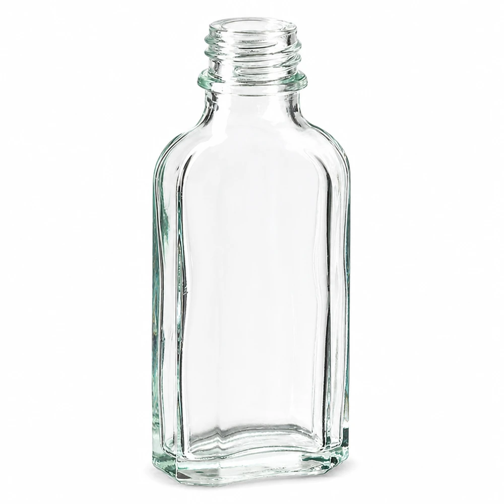 Flasque transparente de 50 ml au goulot DIN 22 Petite bouteille rectangulaire en verre de 50 ml, transparente, avec bouchon à vis DIN22