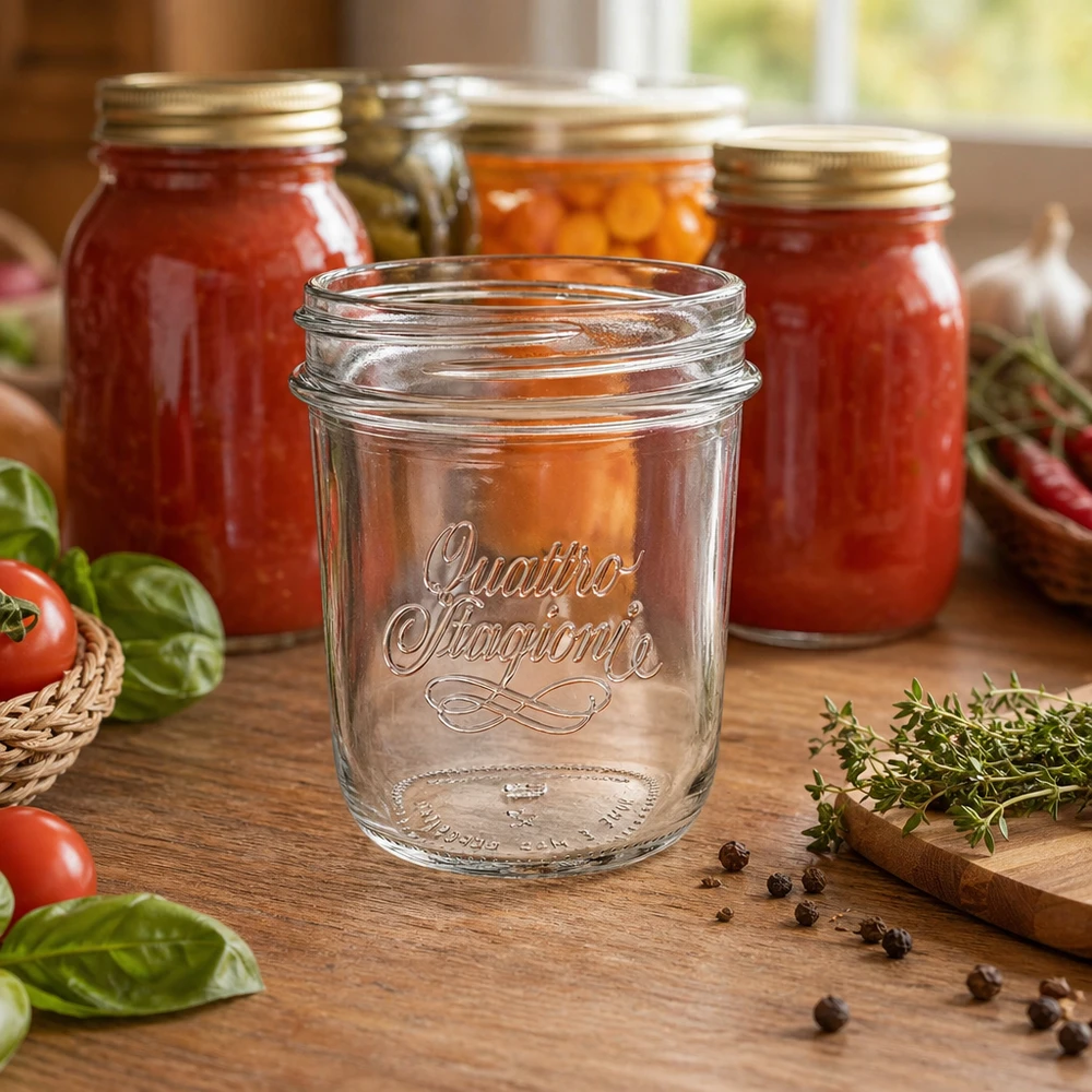 Pot de 320 ml Quattro Stagioni avec filetage QS86mm sur table en bois devant des bocaux de tomates et d'herbes aromatiques