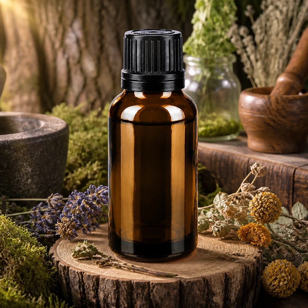Flacon compte-gouttes de 20 ml couleur ambre en verre ApoGlas posé sur un tronc d'arbre, agrémenté de lavande et de soucis