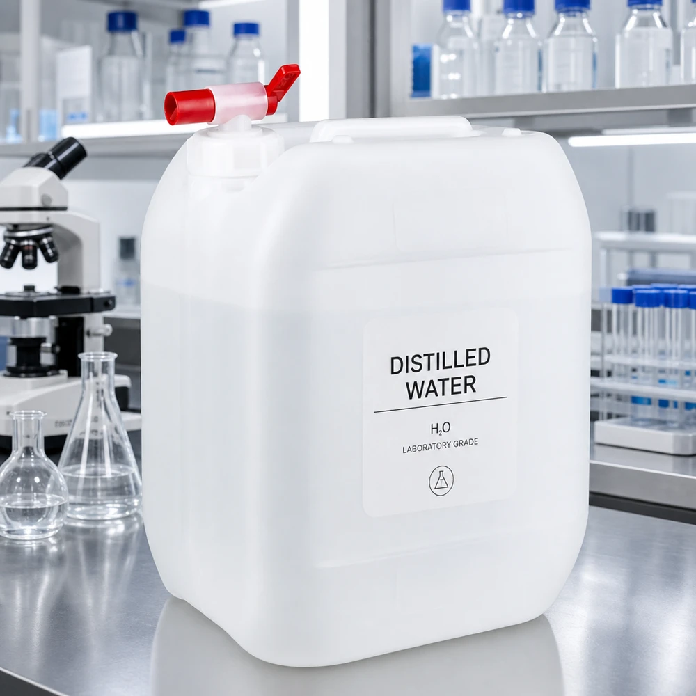 Bidon en plastique blanc de 10 litres muni d'un robinet, dans un laboratoire, à côté d'un flacon Erlenmeyer et d'un microscope