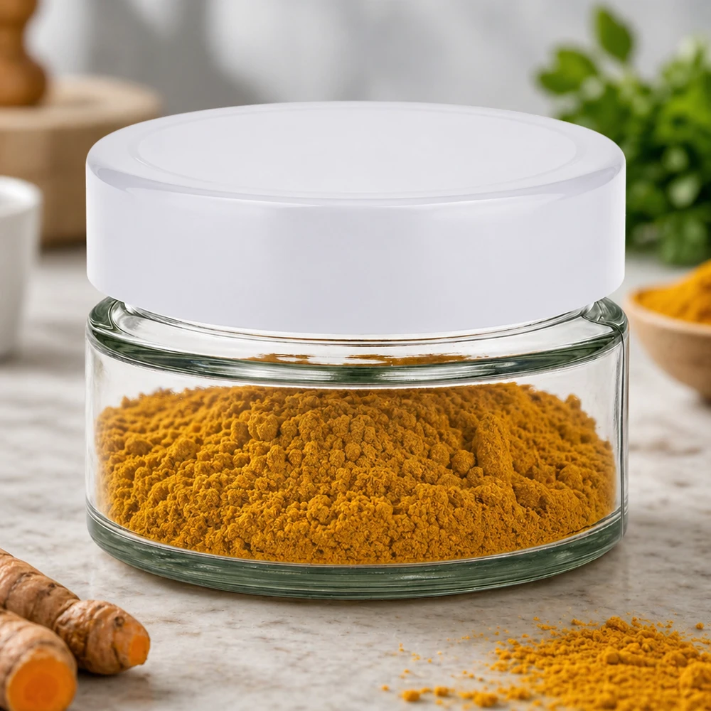130ml Verre rond avec couvercle BasicSeal blanc UNiTWIST Bocal rond de 130ml avec couvercle BasicSeal rempli de poudre de curcuma jaune - Conservation des épices dans un pot en verre