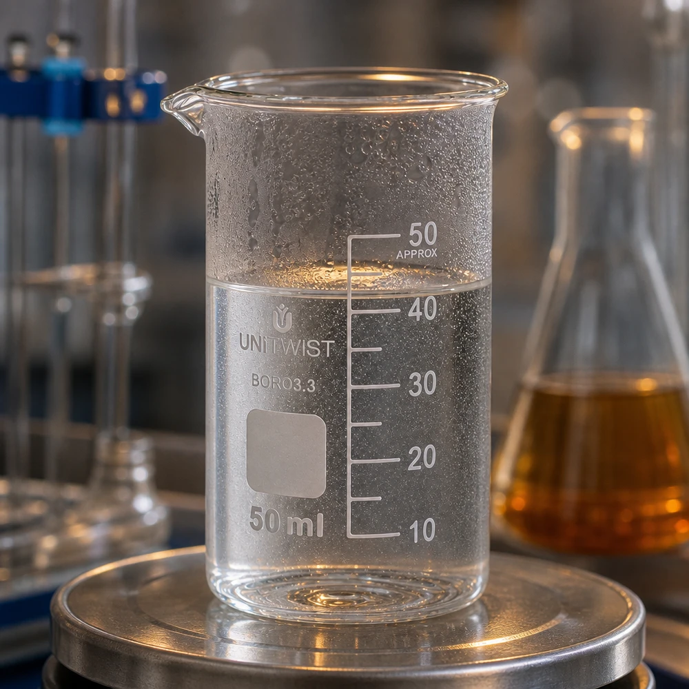 Verre à bec 50 ml UNITWIST en borosilicate, forme haute, avec zone d'étiquetage blanche sur le côté