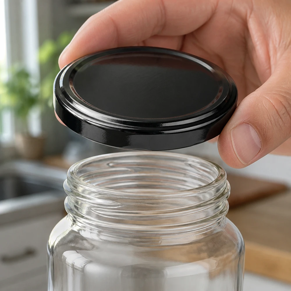 UNiTWIST TO82 noir, BioSeal, sans BPA, UNiTWIST Une main pose un couvercle UNiTWIST TO82 BioSeal sur un bocal en verre transparent à couvercle à vis destiné au stockage des provisions