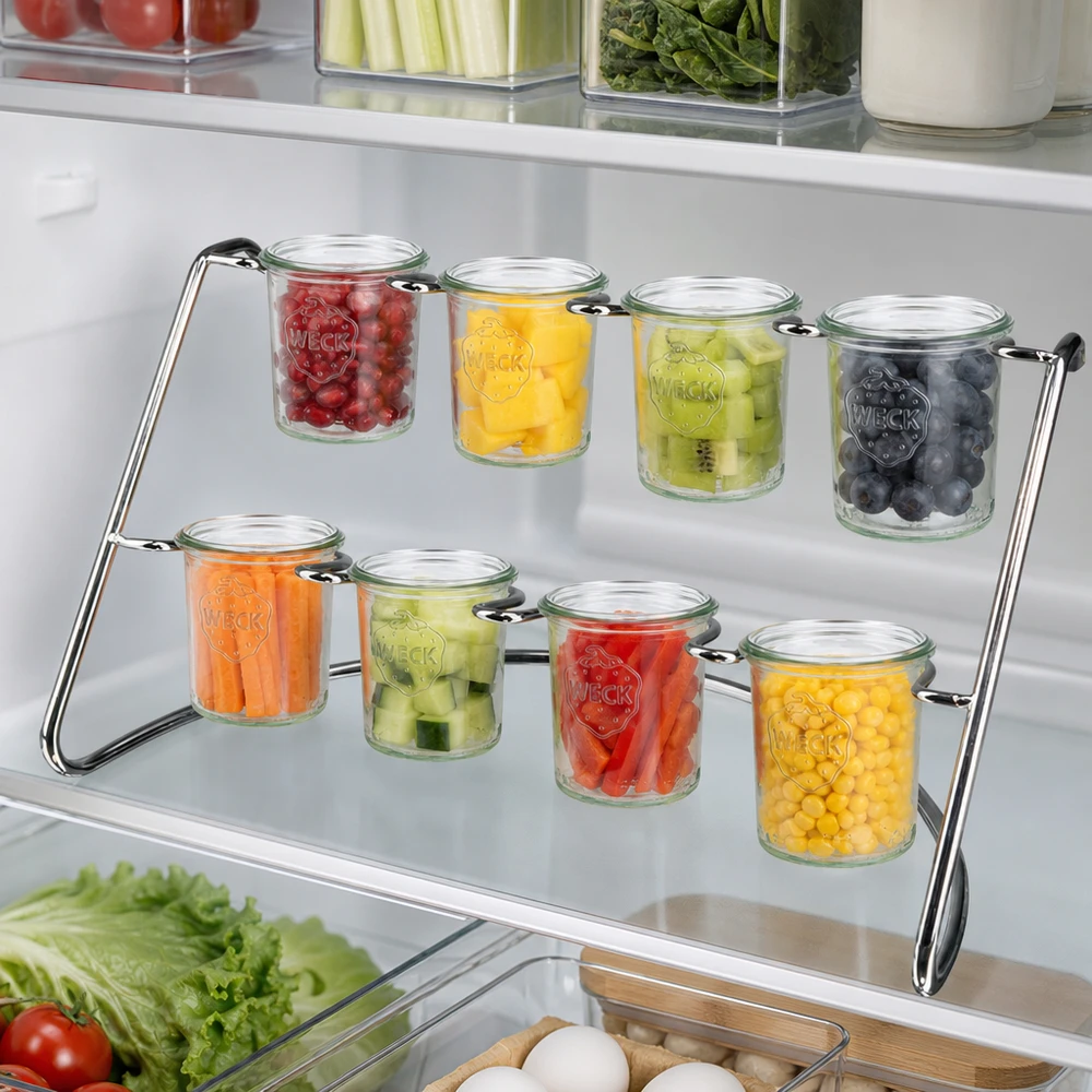 Support de service Flato8 dans le réfrigérateur avec des légumes et des fruits frais dans des bocaux renversés WECK pour une conservation pratique