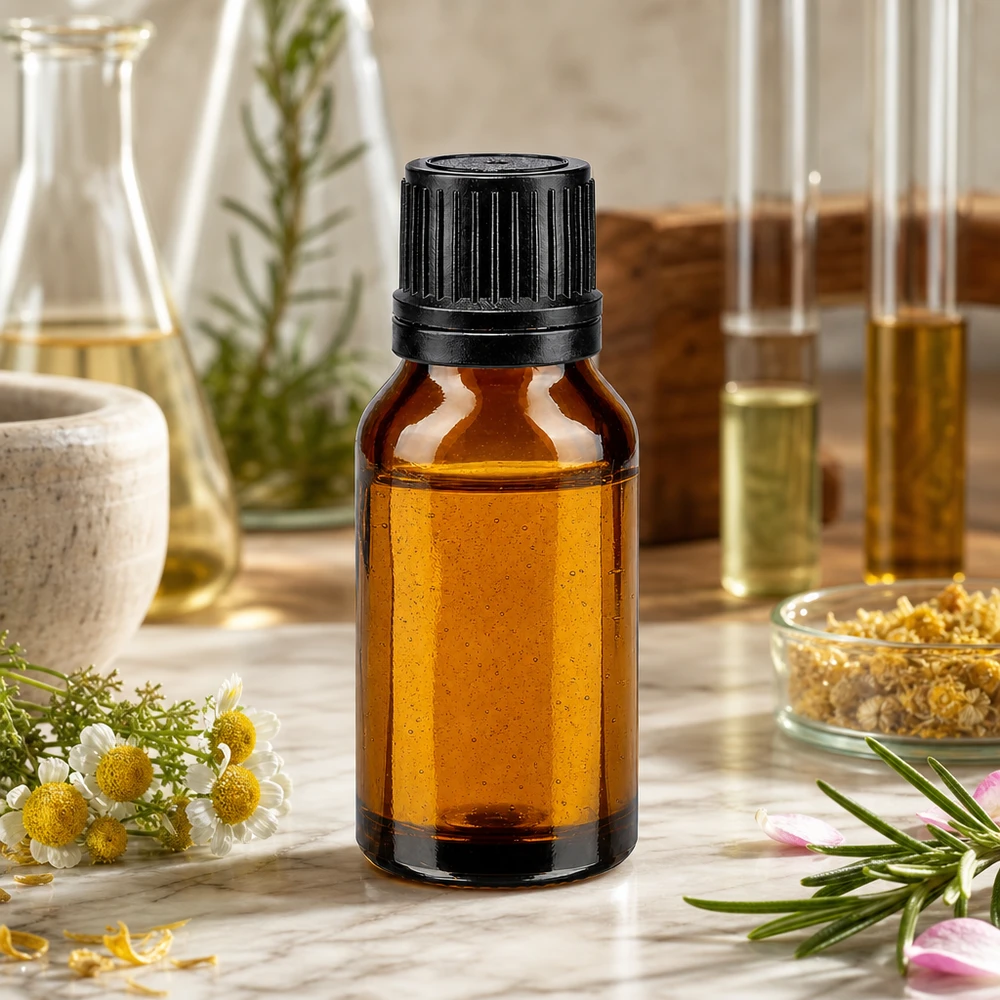 Flacon de pharmacie brun 15ml bouchon compte-gouttes 1mm noir bouchon inviolabilité Flacon ambré de 15 ml muni d'un bouchon à vis noir, entre des fleurs de camomille et du romarin