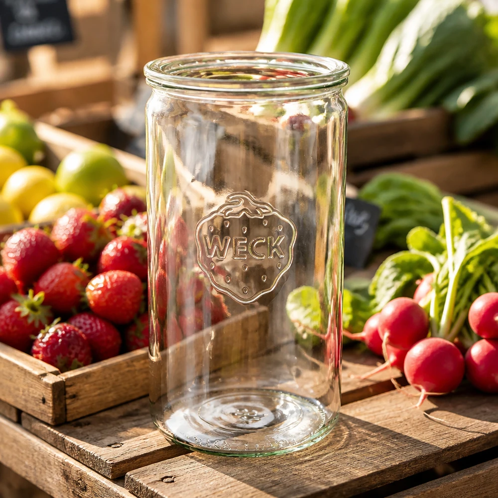 WECK Pot cylindrique 1590ml RR100 sur caisse en bois avec radis frais frais fraises et légumes dans un environnement naturel