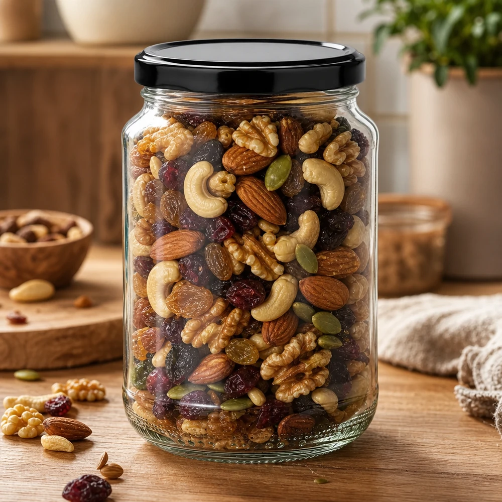 Pot rond de 375 ml avec couvercle noir rempli d'un mélange de noix pour stocker des fruits secs et des noix.