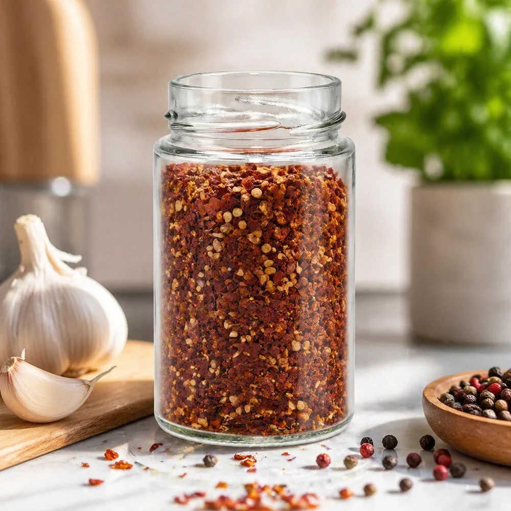 UNiTWIST Runda245 Verre rond 245ml TO58deep rempli de mélange d'épices au piment dans une cuisine moderne avec de l'ail