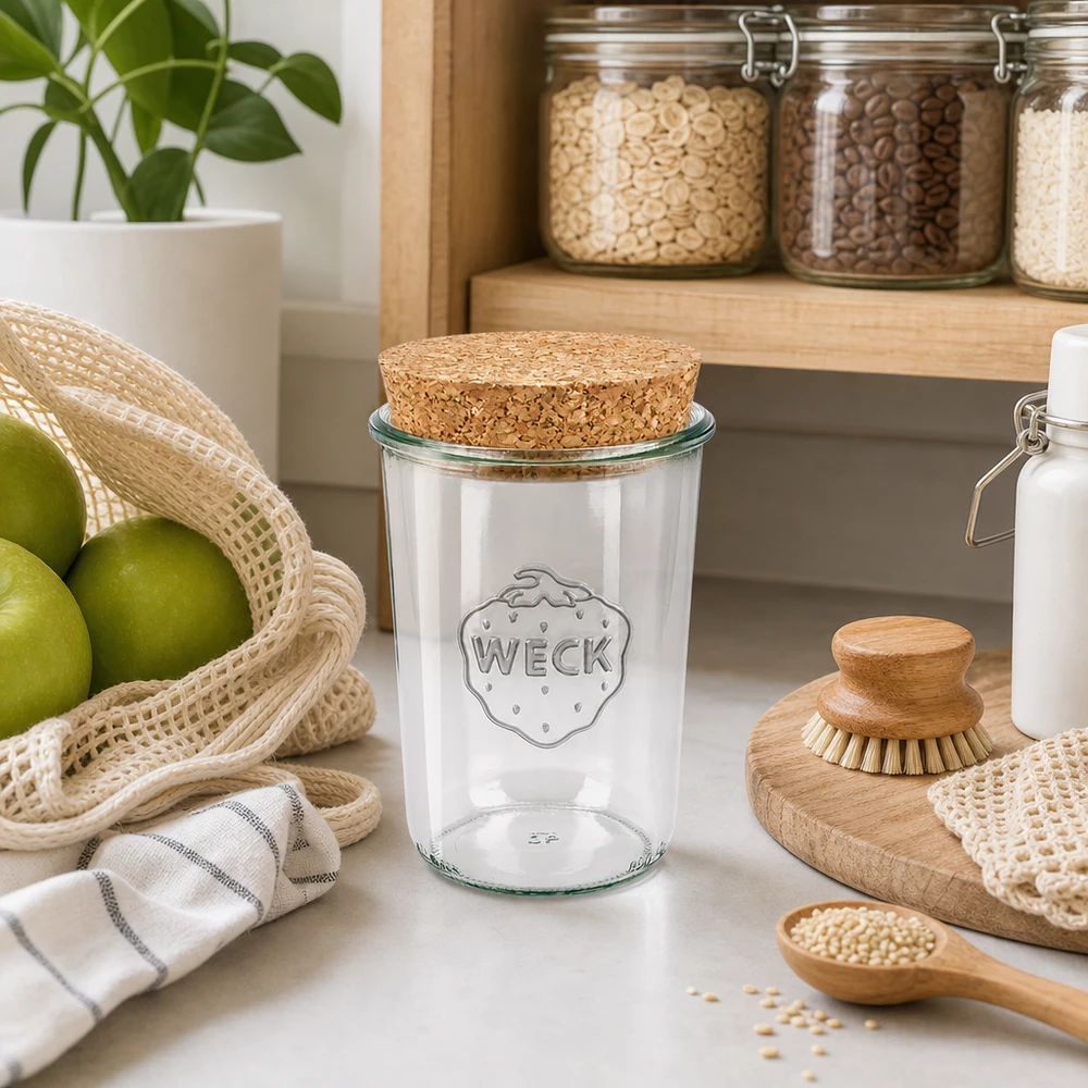 850ml bocal conique WECK RR100 avec bouchon nature WECK Verre renversé 850ml RR100 avec couvercle en liège dans la cuisine durable à côté des bocaux à provisions de fruits et des ustensiles en bois