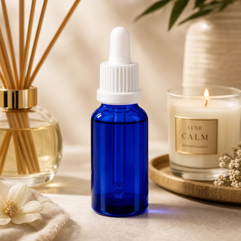Flacon à pipette 20ml blanc OV BlueLine UT18/20 Flacon compte-gouttes professionnel de 20 ml en verre bleu robuste avec bouchon blanc hygiénique